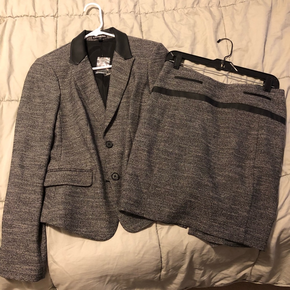 Black and gray with leather trim suit from Express